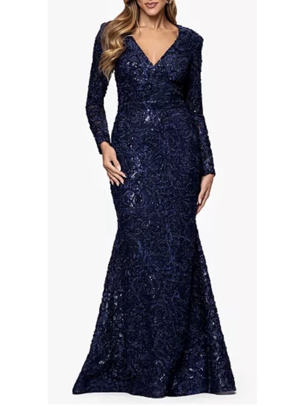 New Xscape Women's V-Neck Long Sleeve Dress In Navy Size 8 $289